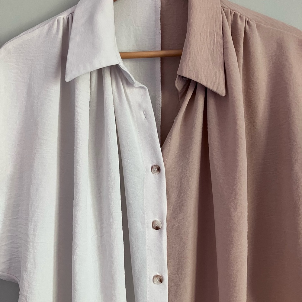 SHEIN White and Tan Color-block Dolman Short Sleeve Button Down Size L (L-XXL) - Picture 4 of 12